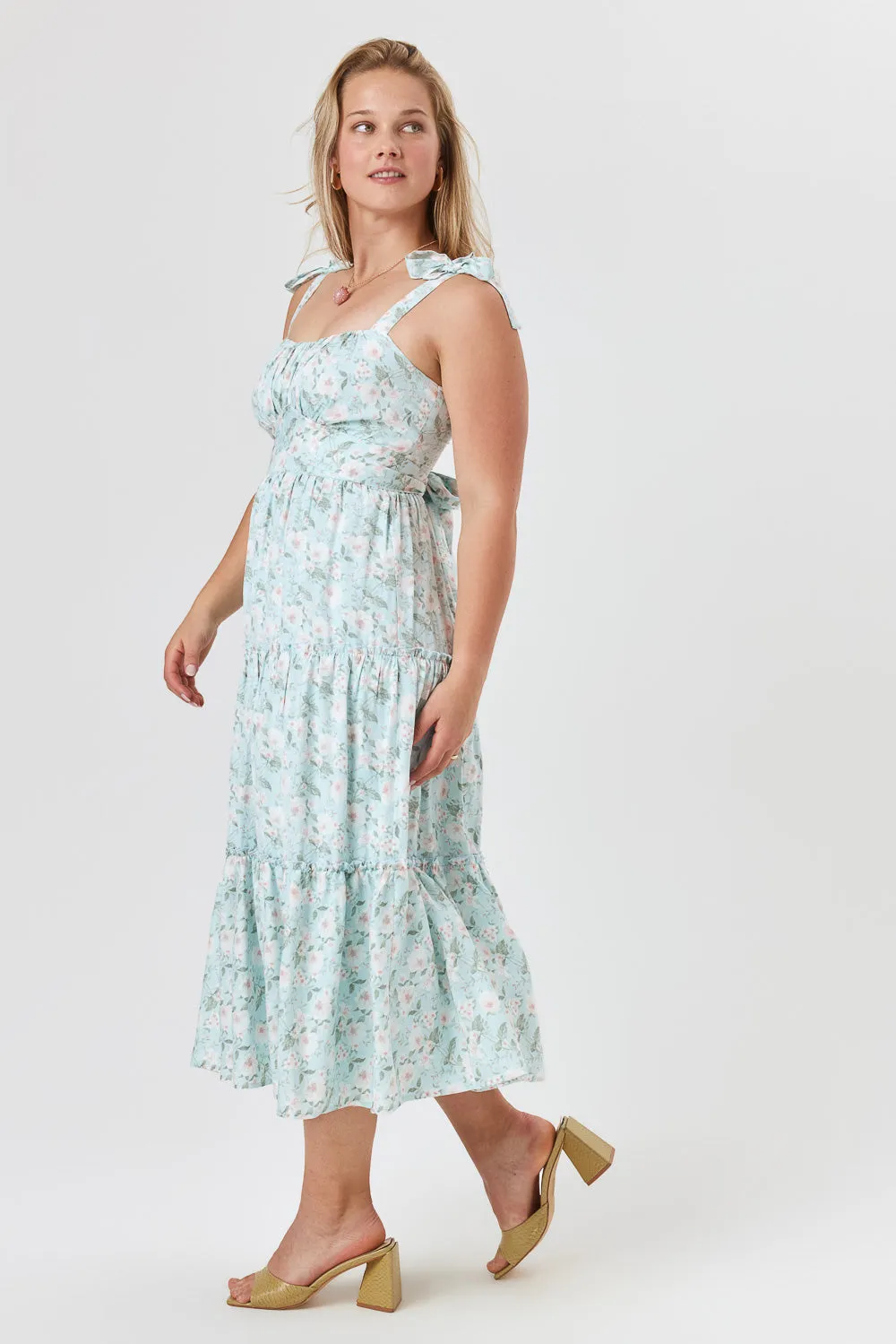 Light Blue Floral Ruffle Midi Dress