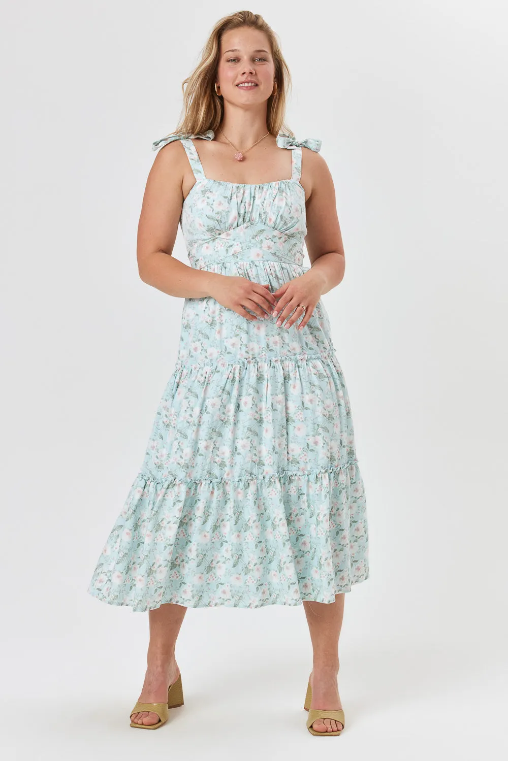 Light Blue Floral Ruffle Midi Dress