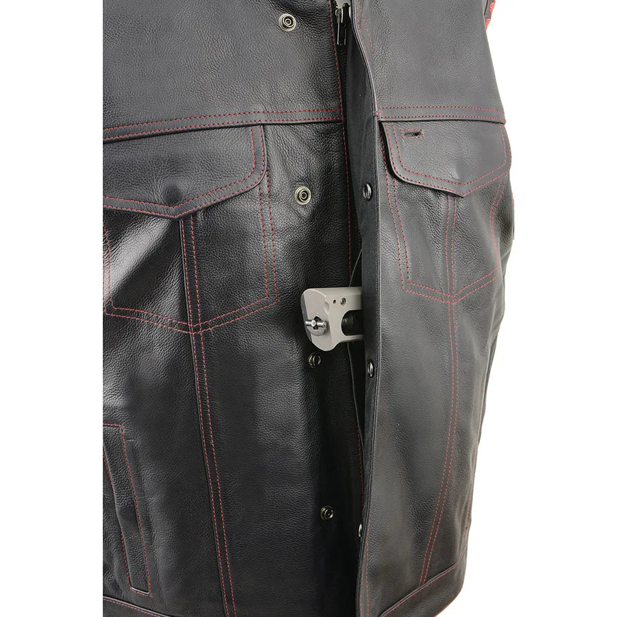 Men’s Club Style Leather Vest with Red Stitching & Laced Arm Holes