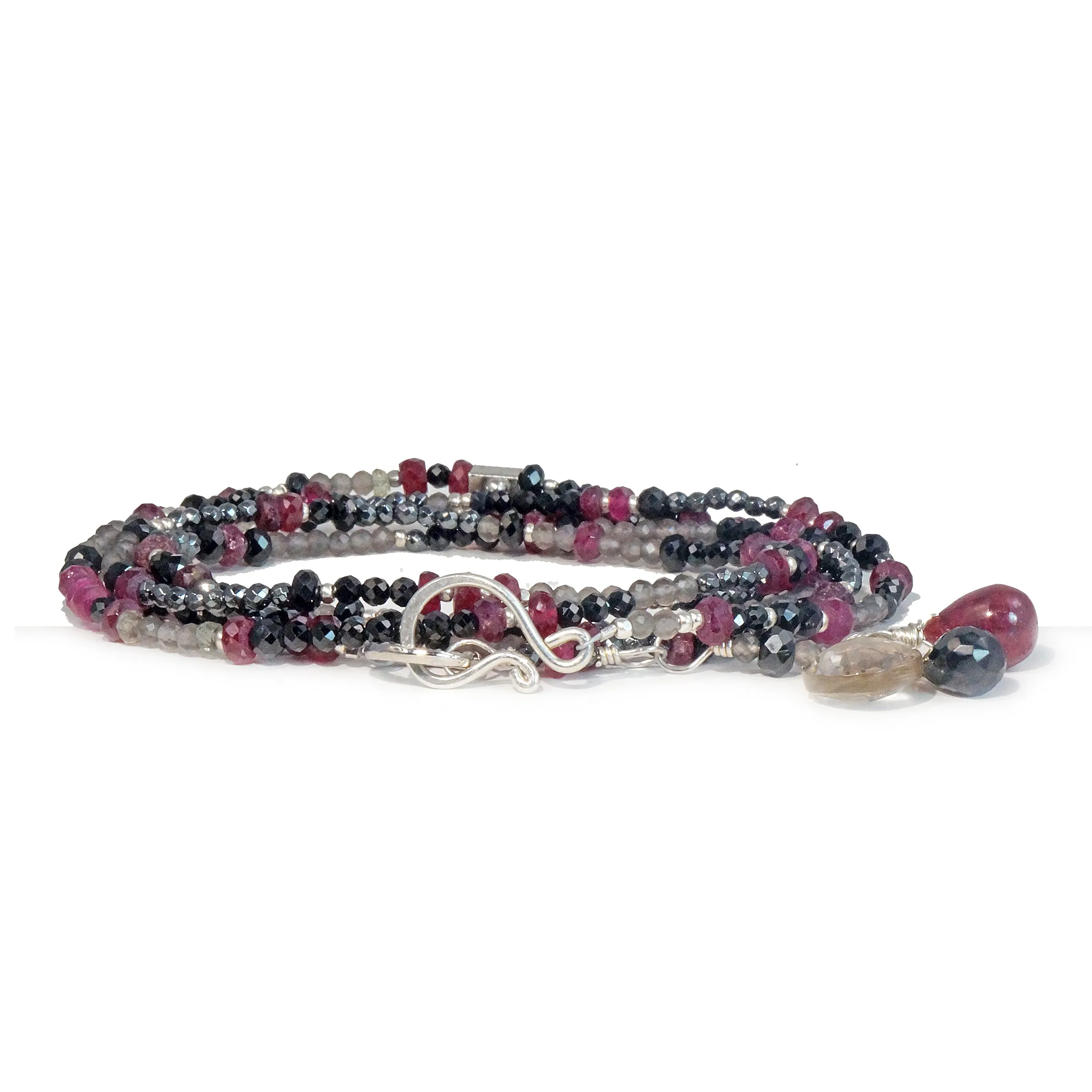 Multi Gemstone Necklace/Wrapped Bracelet with Ruby, Spinel, Grey Topaz - Long