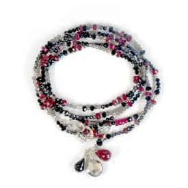 Multi Gemstone Necklace/Wrapped Bracelet with Ruby, Spinel, Grey Topaz - Long