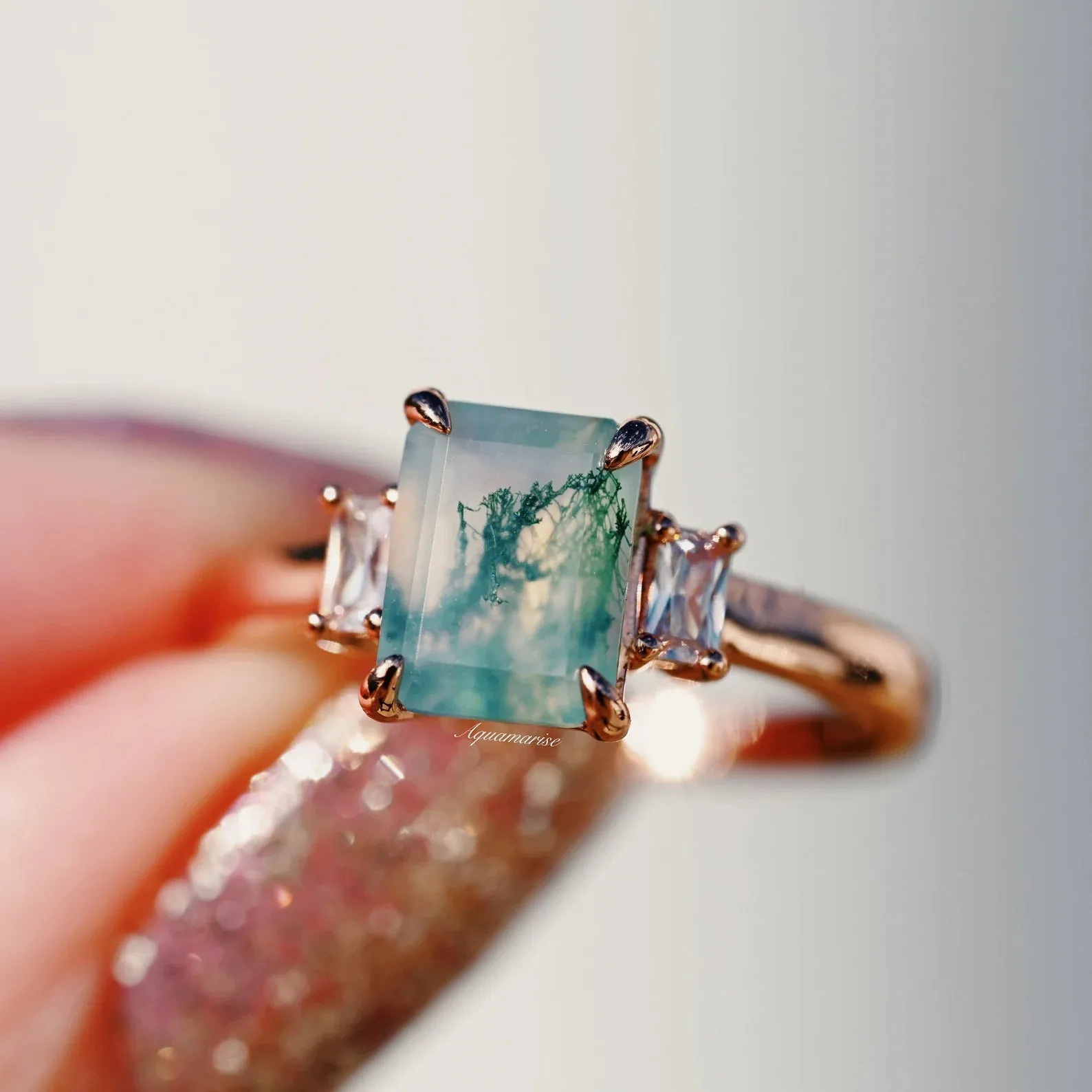 Natural Green Moss Agate Ring- 14K Rose Gold Vermeil