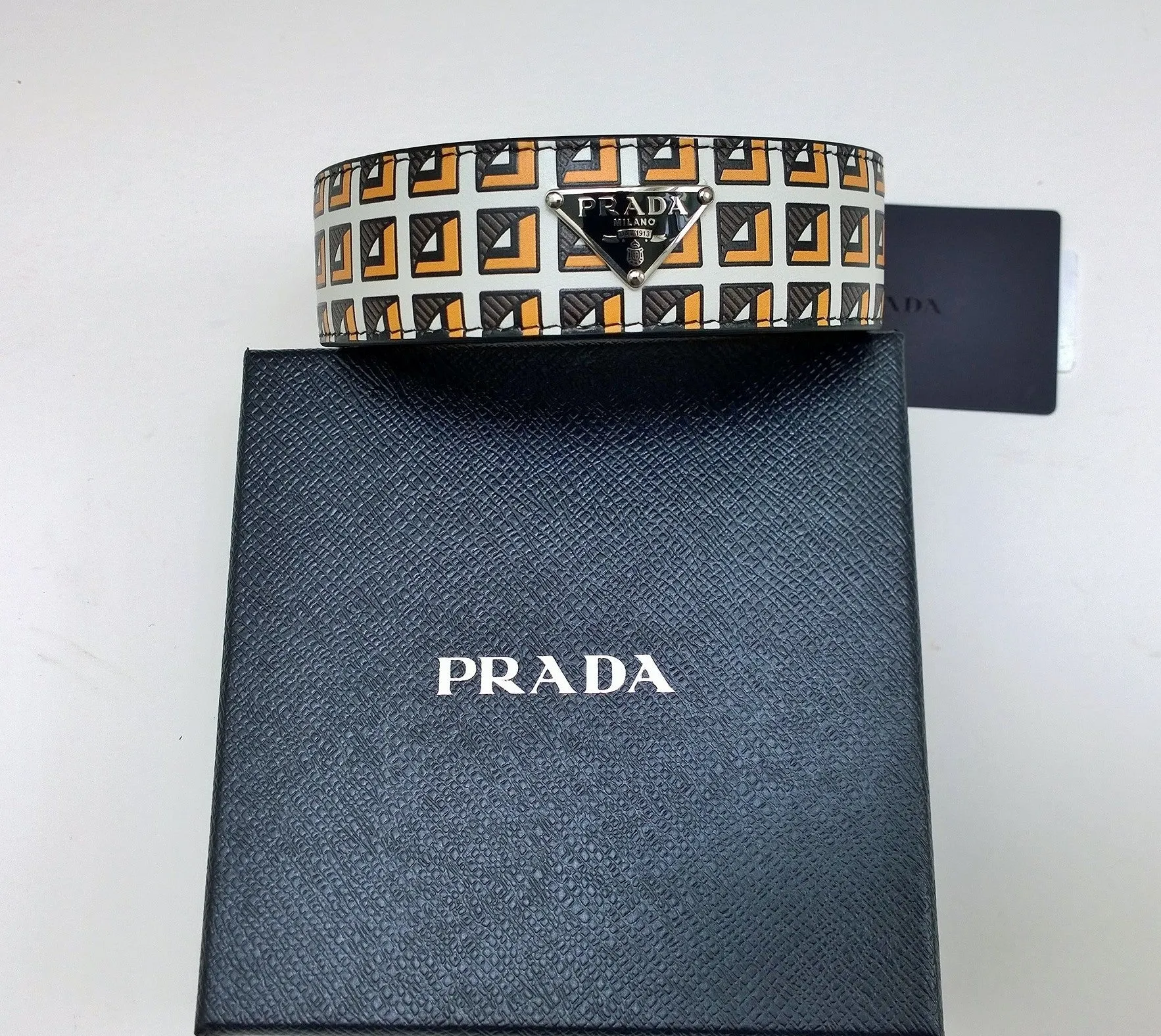 Prada Logo Printed Leather Collarette Necklace Double Bracelet Choker