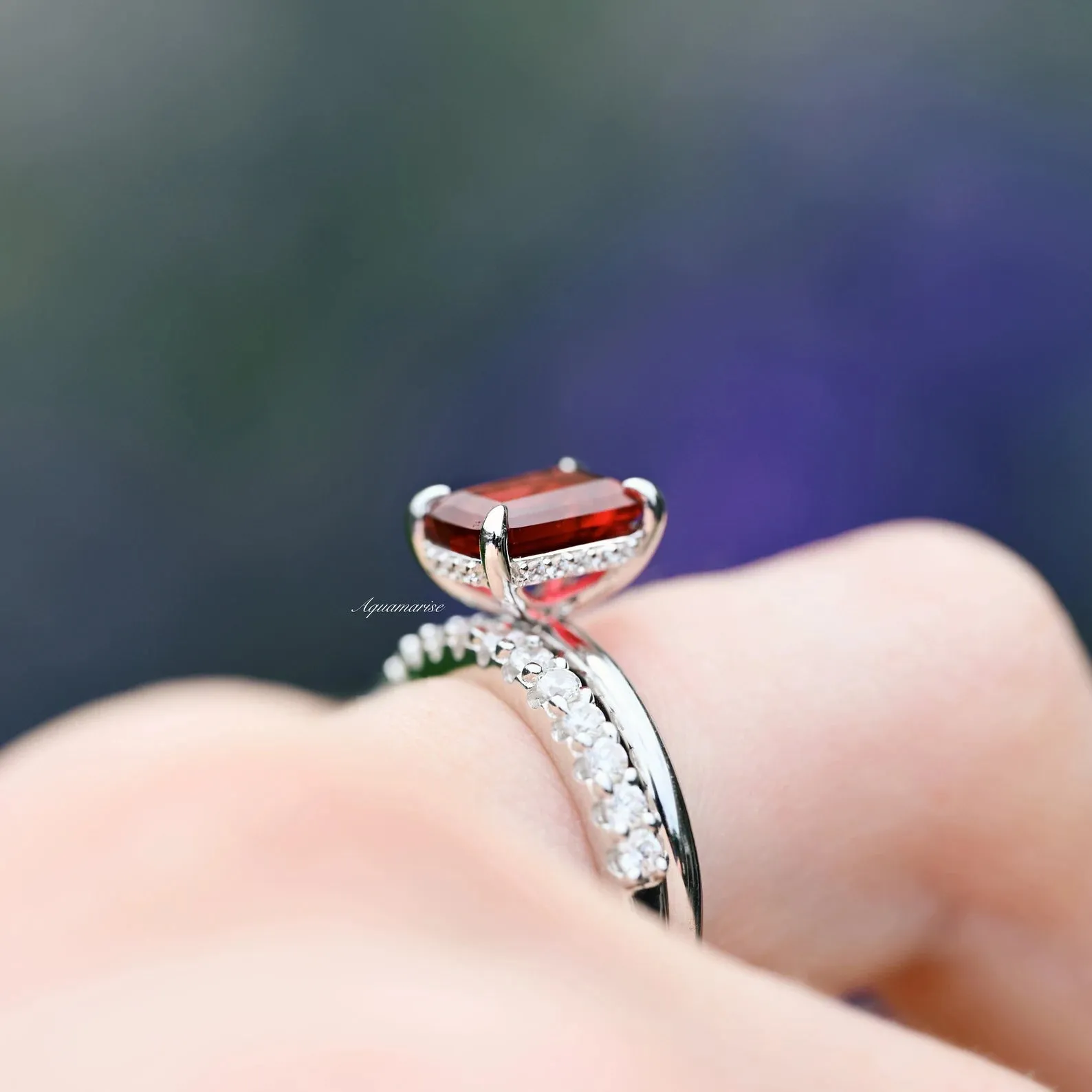 Raspberry Tourmaline Ring Set- Red Gemstone Bridal Engagement Rings