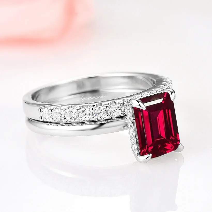 Raspberry Tourmaline Ring Set- Red Gemstone Bridal Engagement Rings