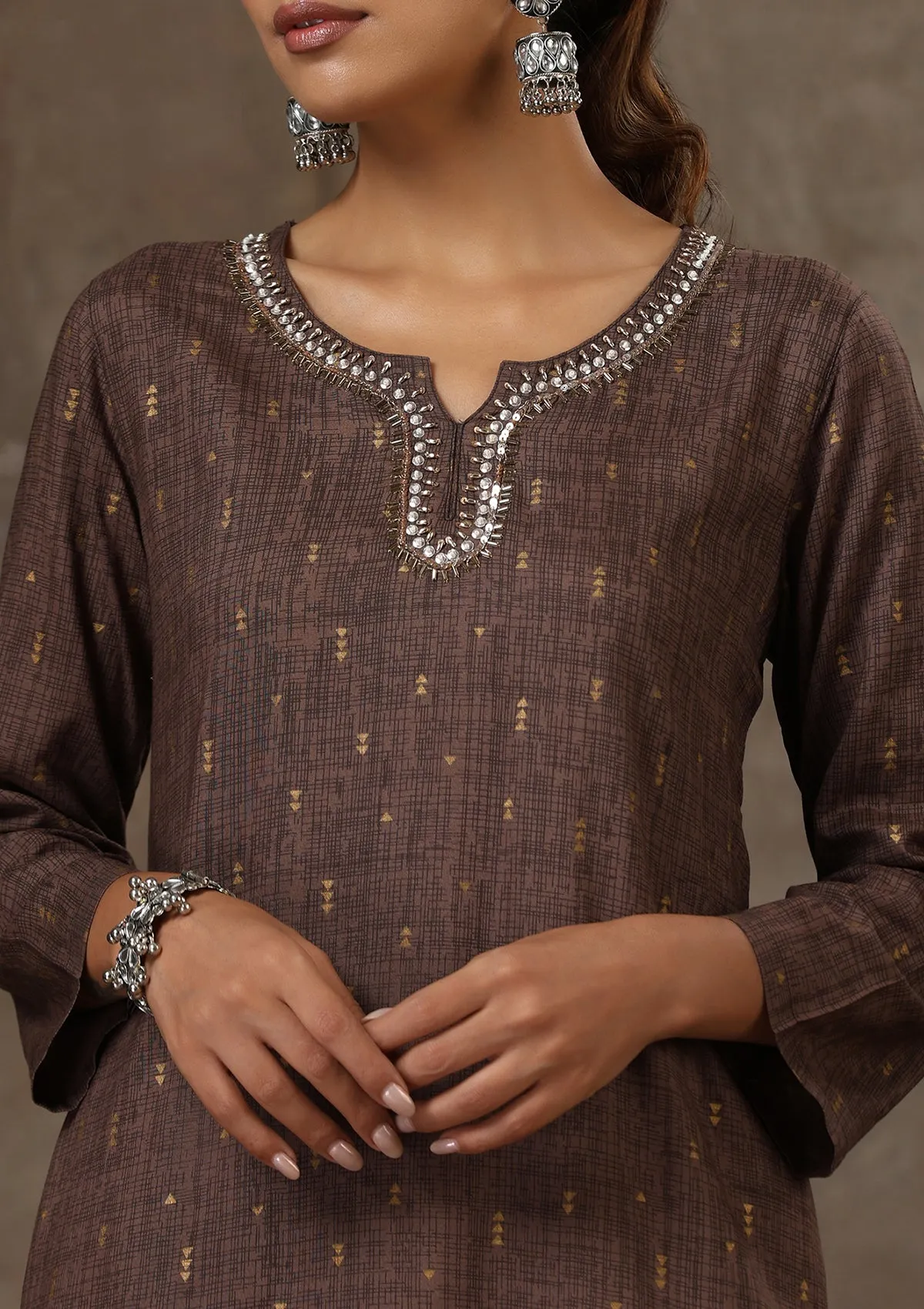 Rayon Hand Embroidered Printed Women's Long Kurta - Brown