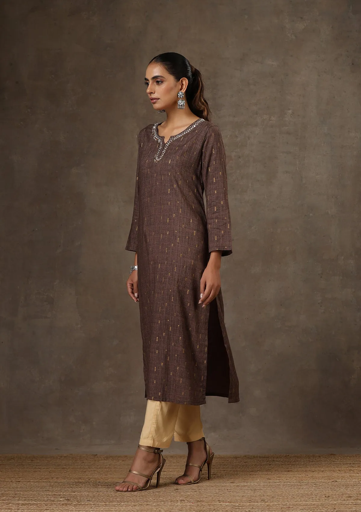 Rayon Hand Embroidered Printed Women's Long Kurta - Brown