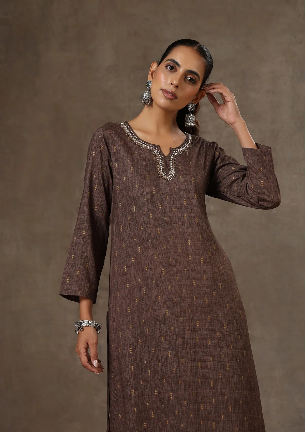 Rayon Hand Embroidered Printed Women's Long Kurta - Brown