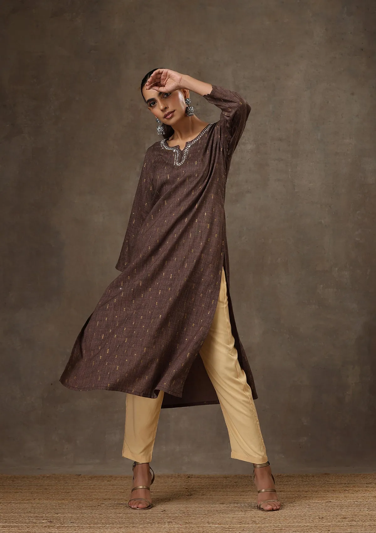 Rayon Hand Embroidered Printed Women's Long Kurta - Brown