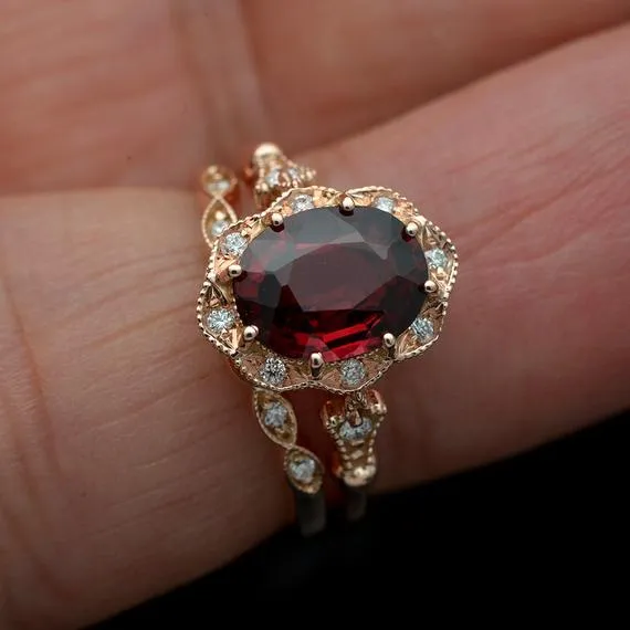 Red Garnet Daisy oval halo engagement ring vintage inspired