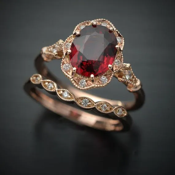 Red Garnet Daisy oval halo engagement ring vintage inspired