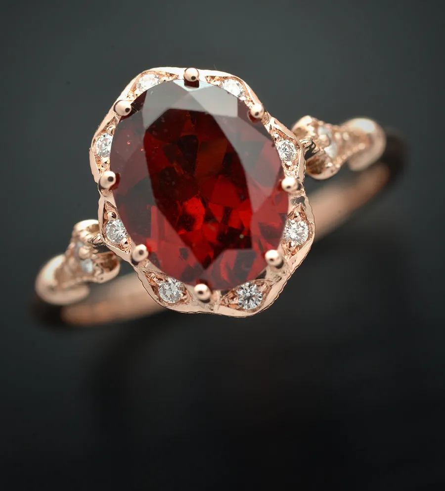 Red Garnet Daisy oval halo engagement ring vintage inspired