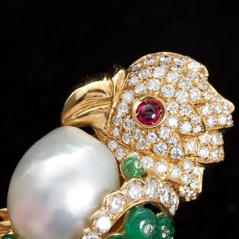 Semi-Baroque South Sea Cultured Pearl and Precious Gem Parrot Brooch