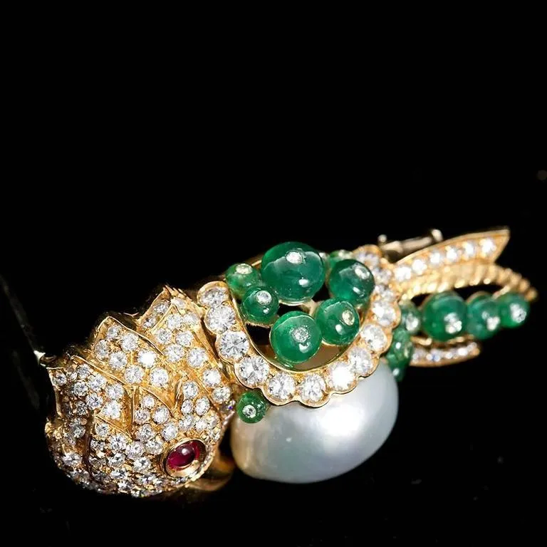 Semi-Baroque South Sea Cultured Pearl and Precious Gem Parrot Brooch