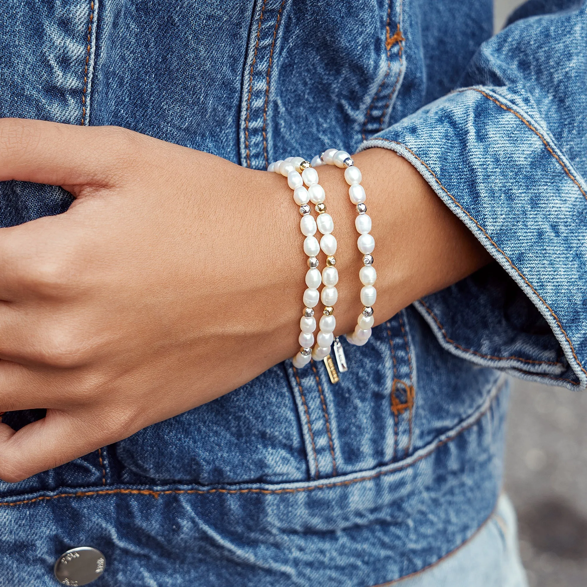 Silver Freshwater Pearl and White Cubic Zirconia Bezel Set Bracelet