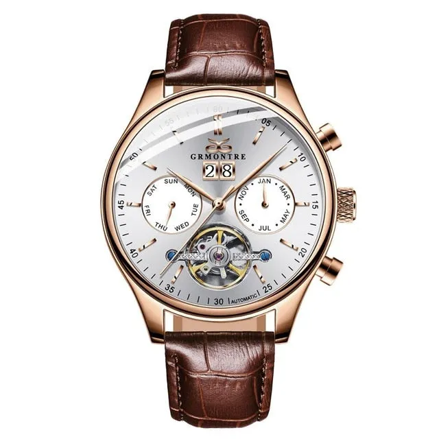 Skeleton Tourbillon Mechanical Watch Men Automatic Classic Rose Gold Leather Mechanical Wrist Watches Reloj Hombre 2018 Luxury