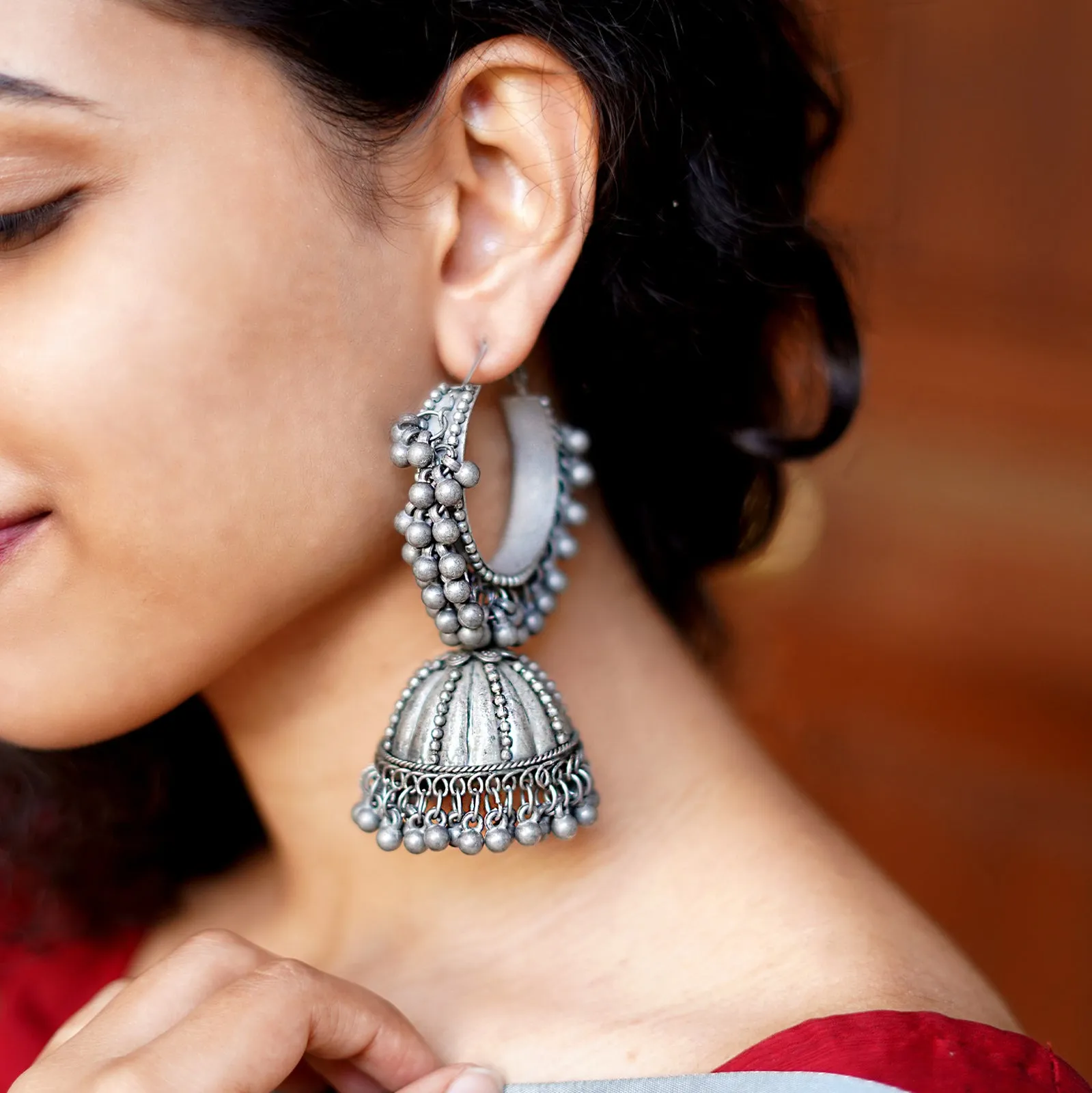 Teejh Alisha Pearl Silver Oxidised Jhumki Earrings