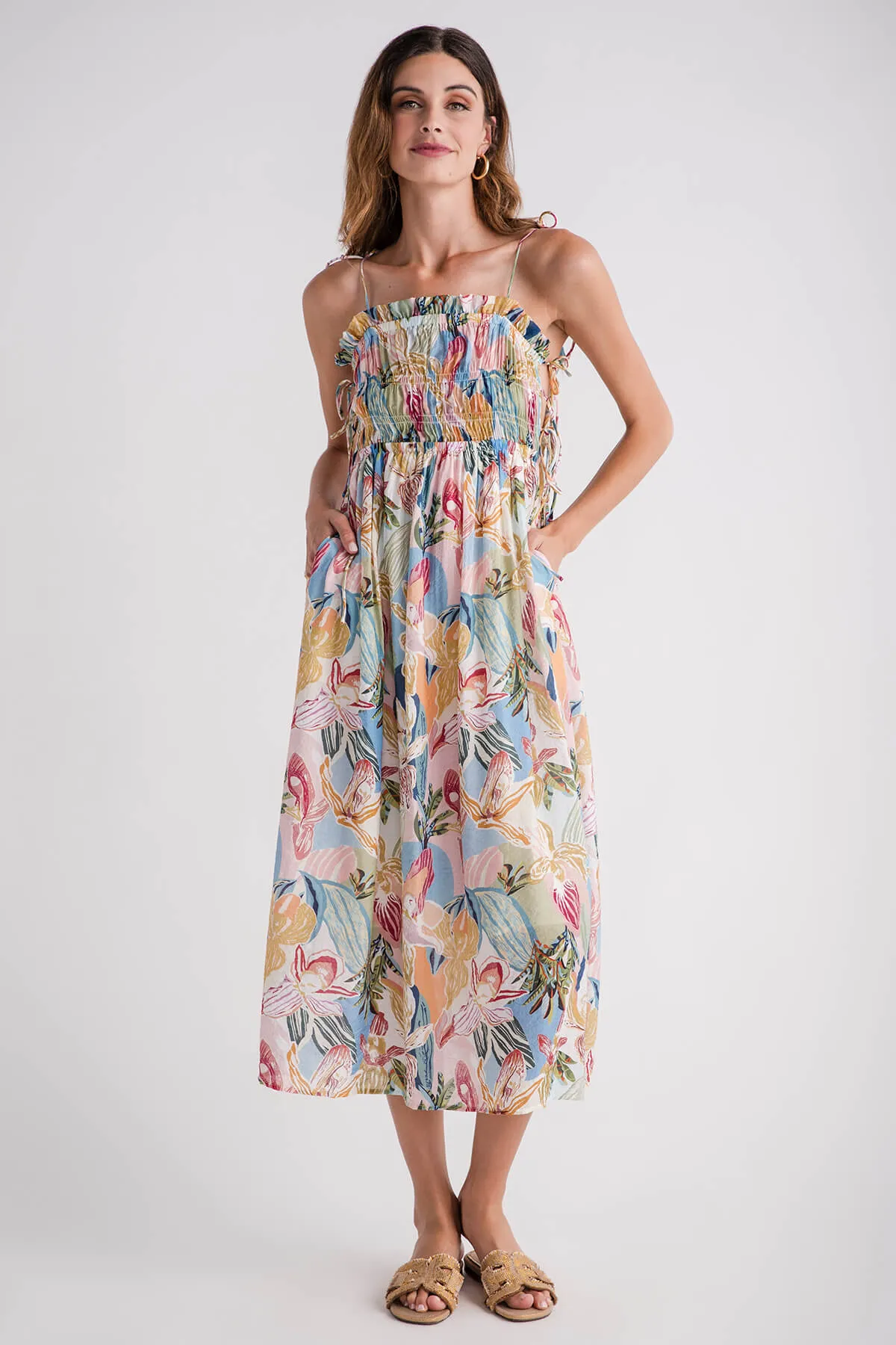 THML Smocked Bodice Tie Printed Maxi Dress