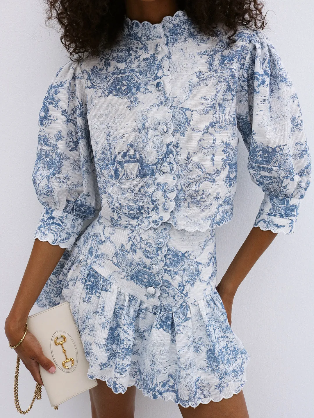 Verona Printed Scallop Trim Blouse | White & Blue