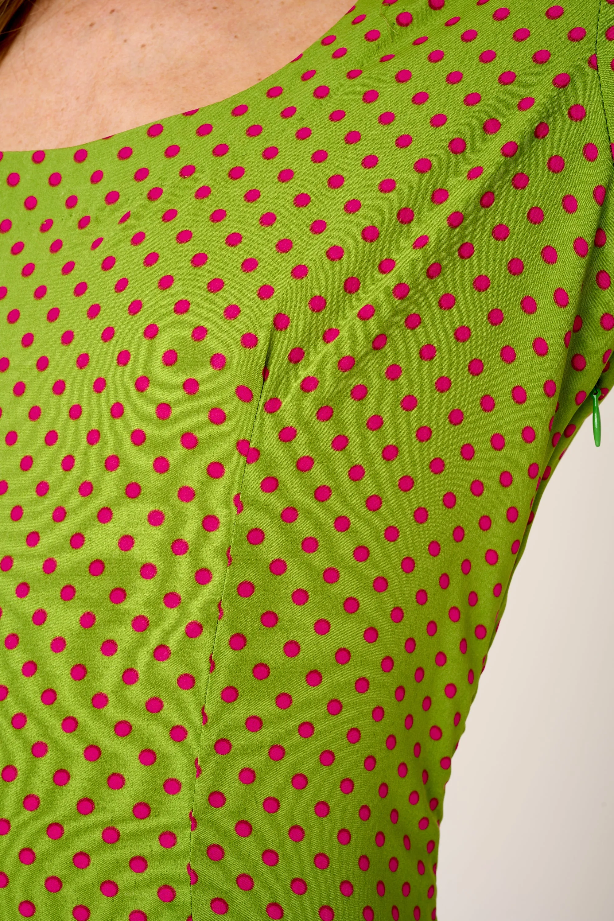 Victoria Midi Dress in Green with Hot Pink Spot