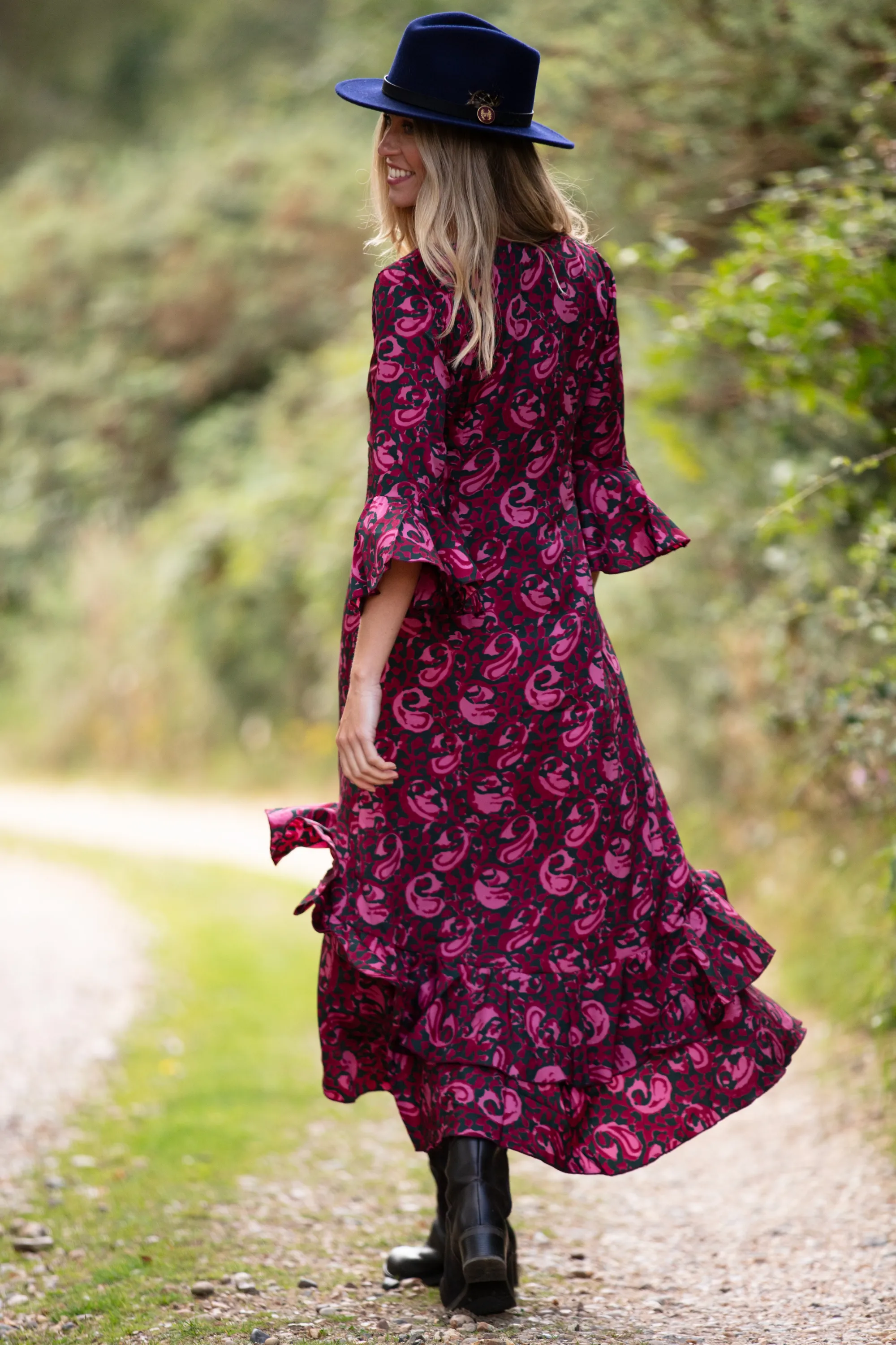 Victoria Midi Dress in Magenta & Navy Swirl