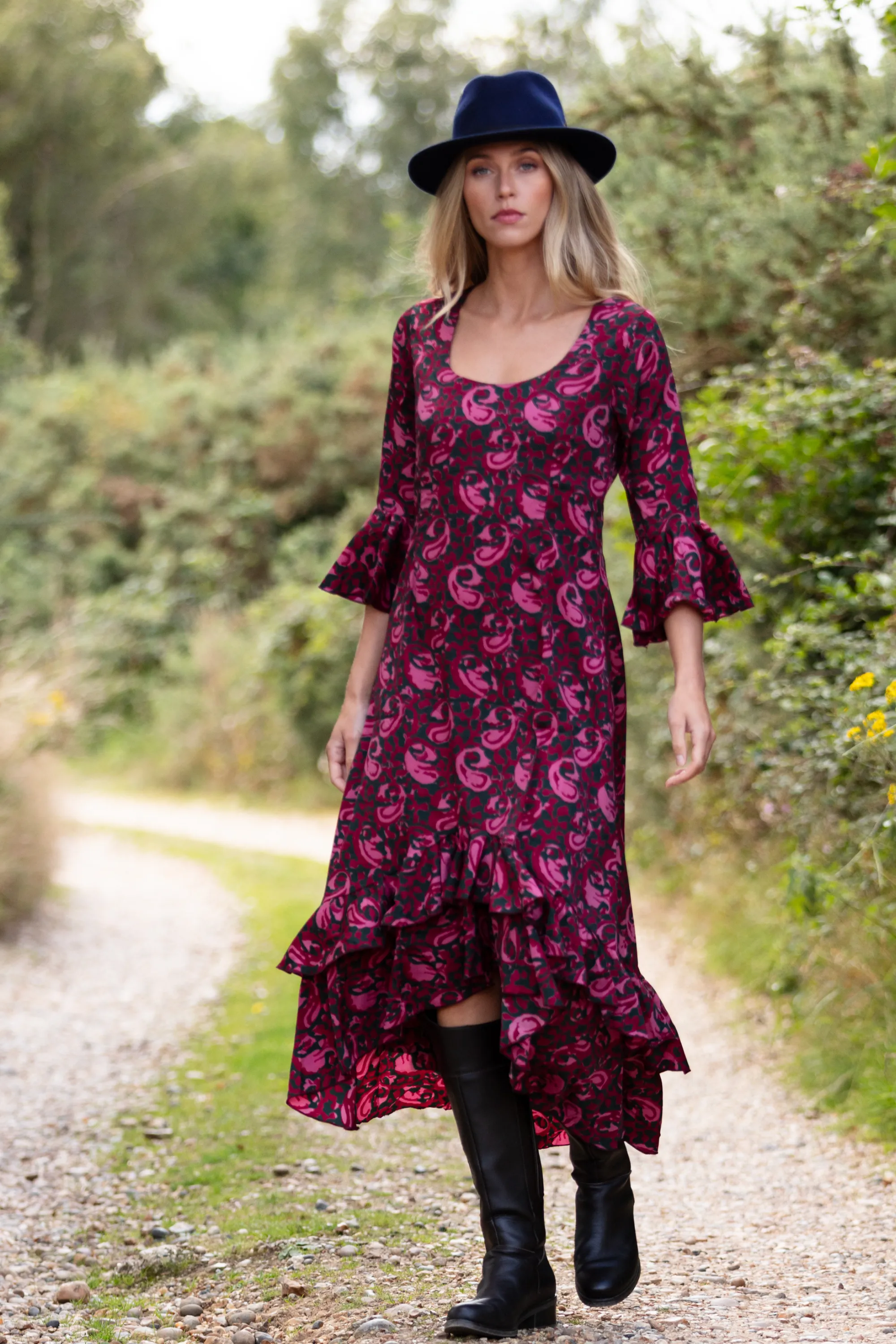 Victoria Midi Dress in Magenta & Navy Swirl