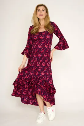 Victoria Midi Dress in Magenta & Navy Swirl