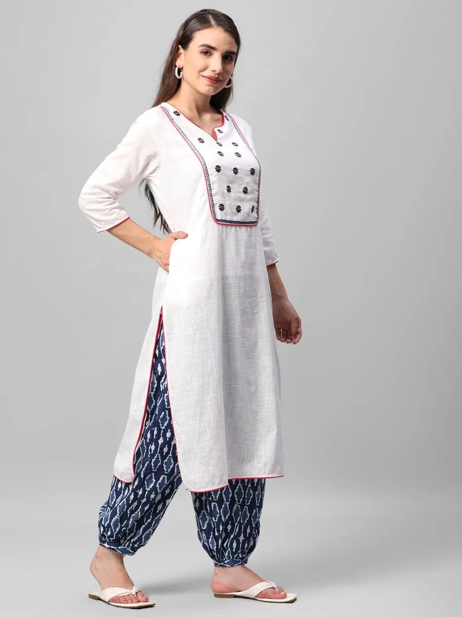 White & Indigo Embroidered Kurta Harem Pant Dupatta