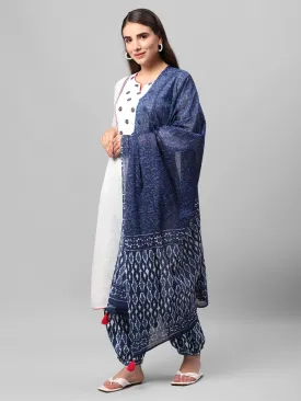 White & Indigo Embroidered Kurta Harem Pant Dupatta