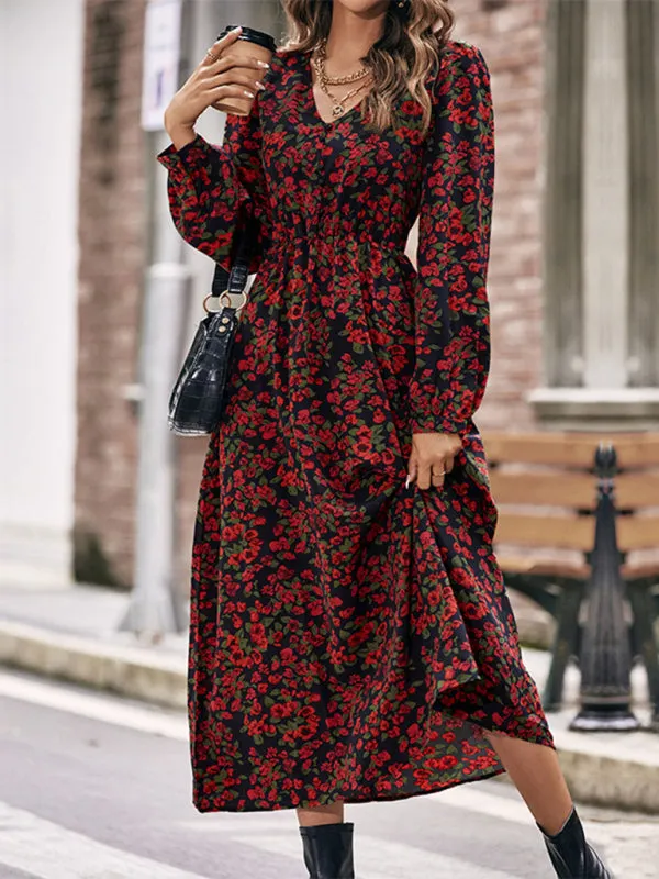 women's Long Length Autumn Floral Printed A-Line Dress