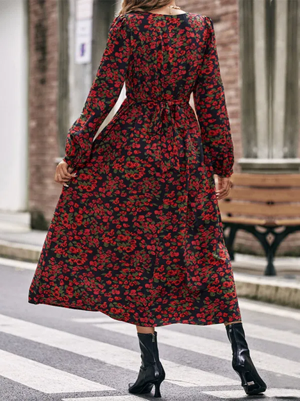 women's Long Length Autumn Floral Printed A-Line Dress