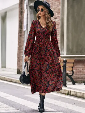 women's Long Length Autumn Floral Printed A-Line Dress